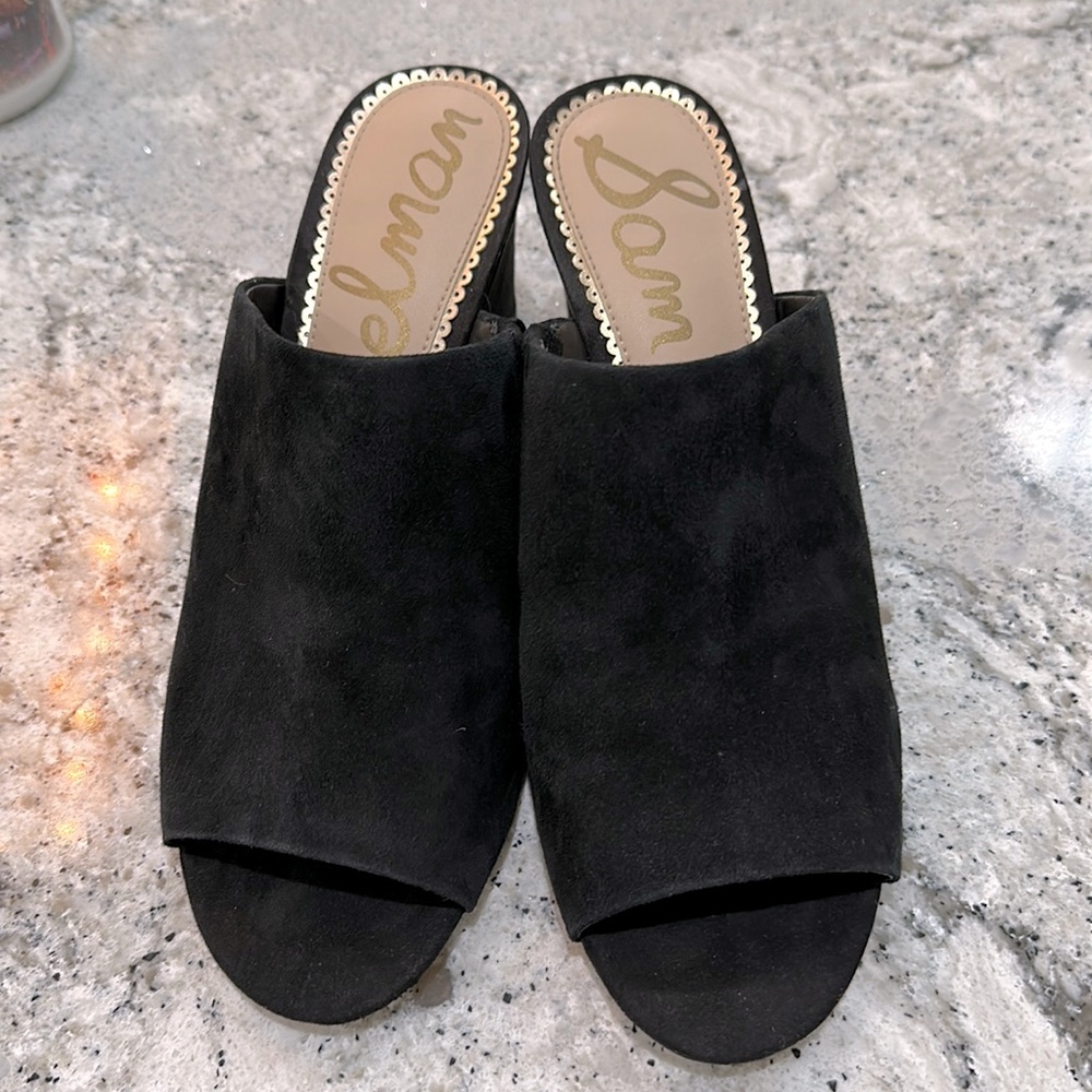 Sam Edelman black suede mules. 3” heel.